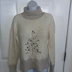Talbots Cream and Gray Turtleneck Sweater with Tree Design